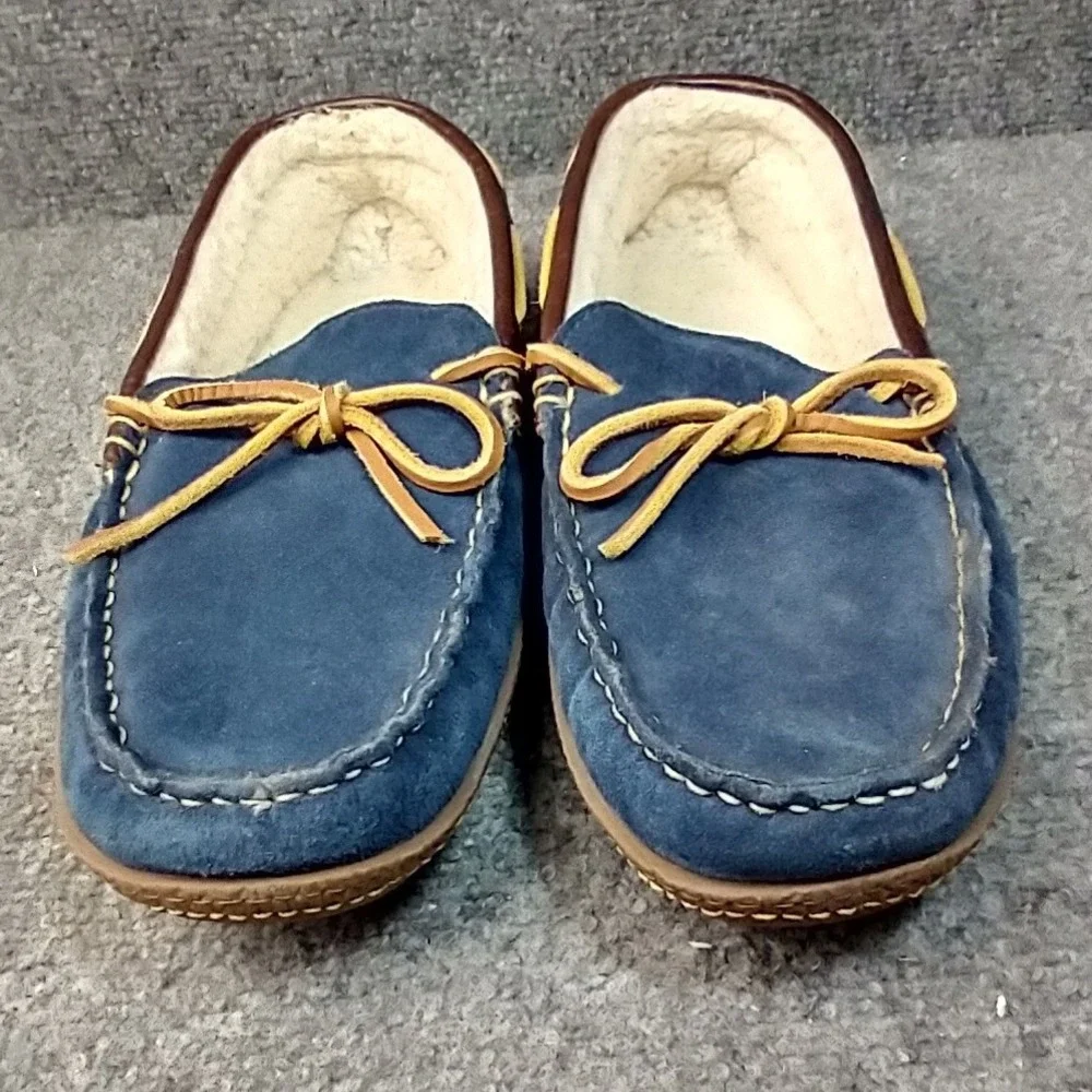 LL Bean Wicked Good Moccasins Mens 10 Blue Suede Shearling Slippers 252655